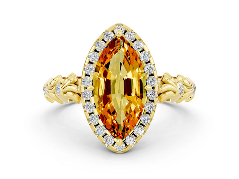 Yellow gold Marquise Cut Halo Diamond Solitaire with Filigree Band and Four-Prong Setting