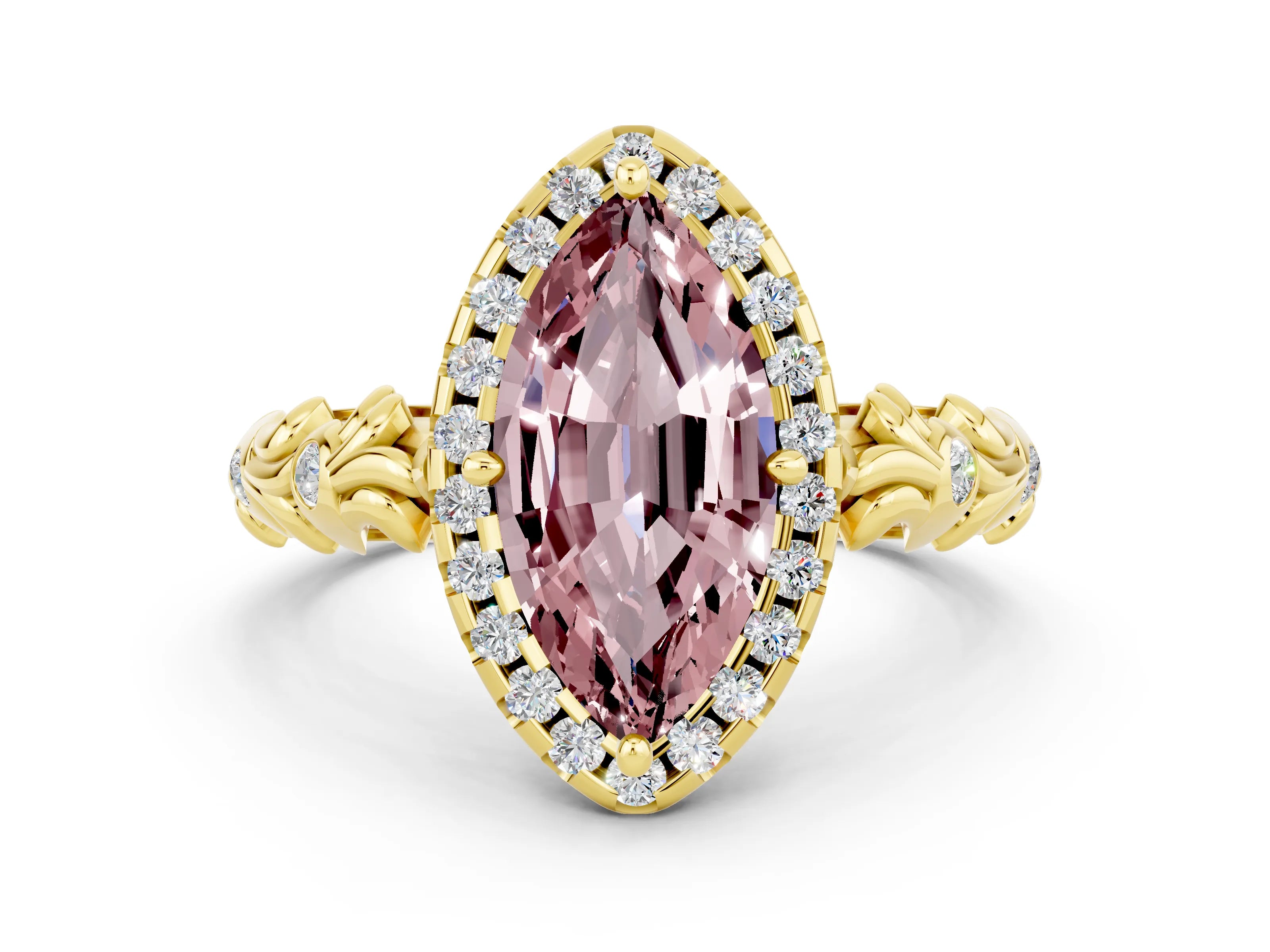 Yellow gold Marquise Cut Halo Diamond Solitaire with Filigree Band and Four-Prong Setting