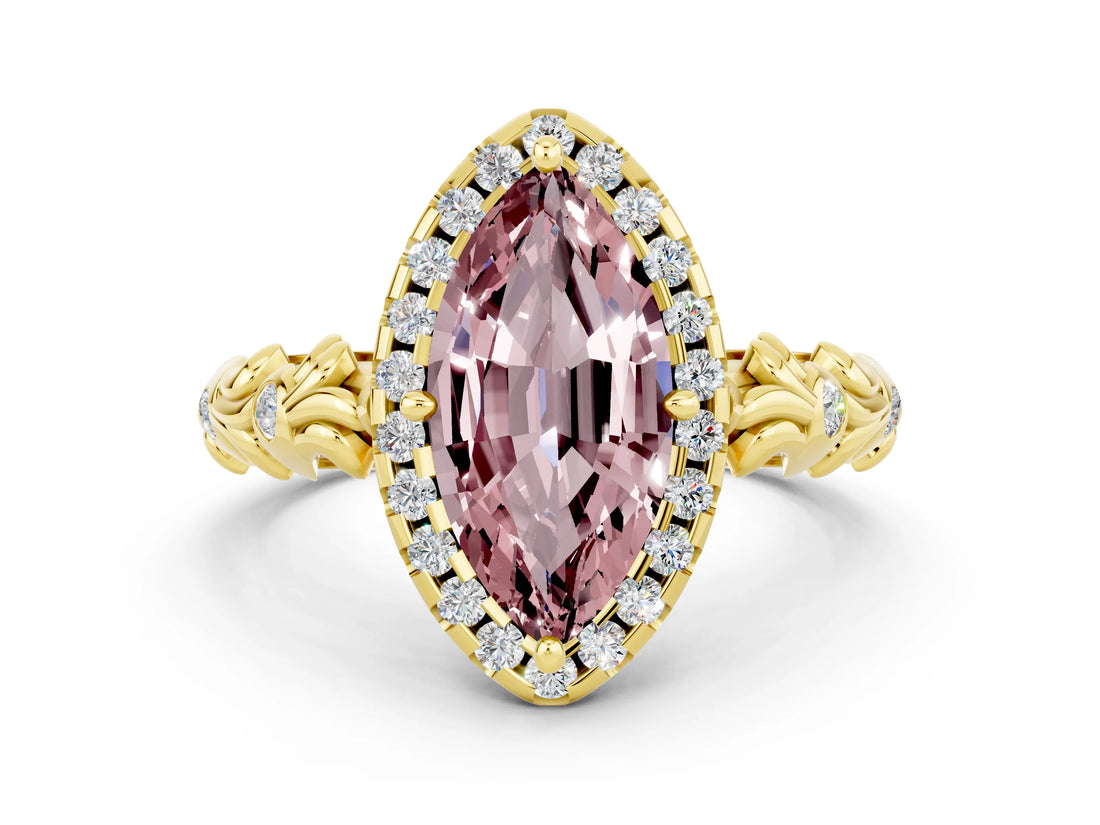 Yellow gold Marquise Cut Halo Diamond Solitaire with Filigree Band and Four-Prong Setting