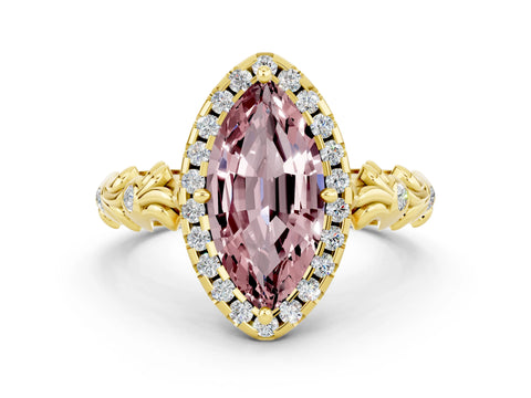 Yellow gold Marquise Cut Halo Diamond Solitaire with Filigree Band and Four-Prong Setting