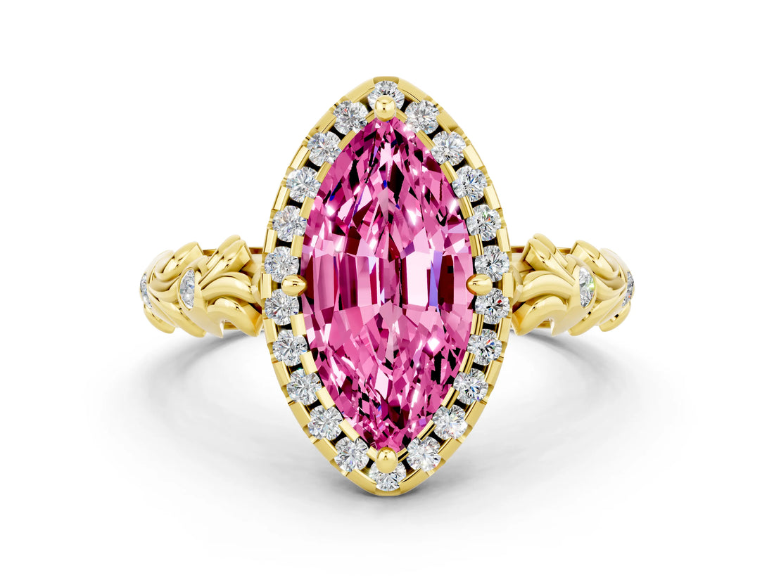 Yellow gold Marquise Cut Halo Diamond Solitaire with Filigree Band and Four-Prong Setting
