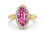 Yellow gold Marquise Cut Halo Diamond Solitaire with Filigree Band and Four-Prong Setting