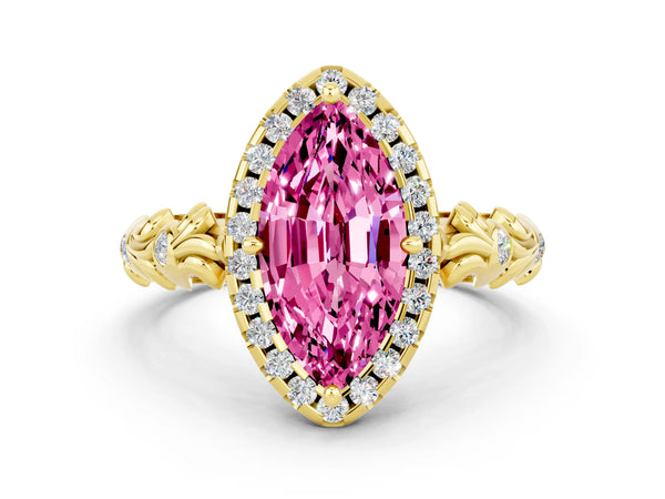 Yellow gold Marquise Cut Pink Sapphire Halo Ring with Filigree Band and Prong Setting