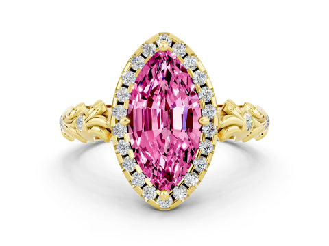 Yellow gold Marquise Cut Halo Diamond Solitaire with Filigree Band and Four-Prong Setting