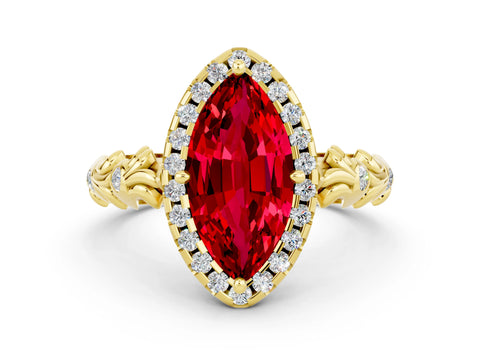 Yellow gold Marquise Cut Halo Diamond Solitaire with Filigree Band and Four-Prong Setting