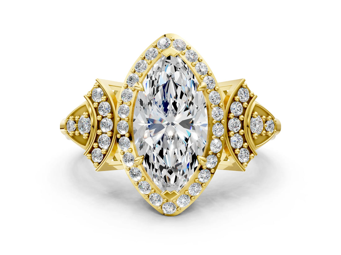 Yellow gold Marquise Cut Halo Diamond Split Shank Engagement Ring with Four-Prong Setting_13