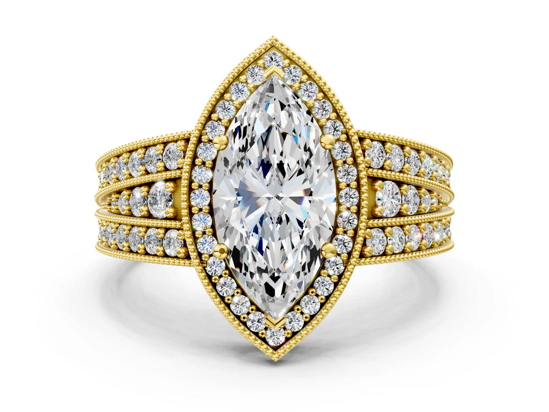 Yellow gold Marquise Cut Halo Diamond Split Shank Ring with Prong Setting_3