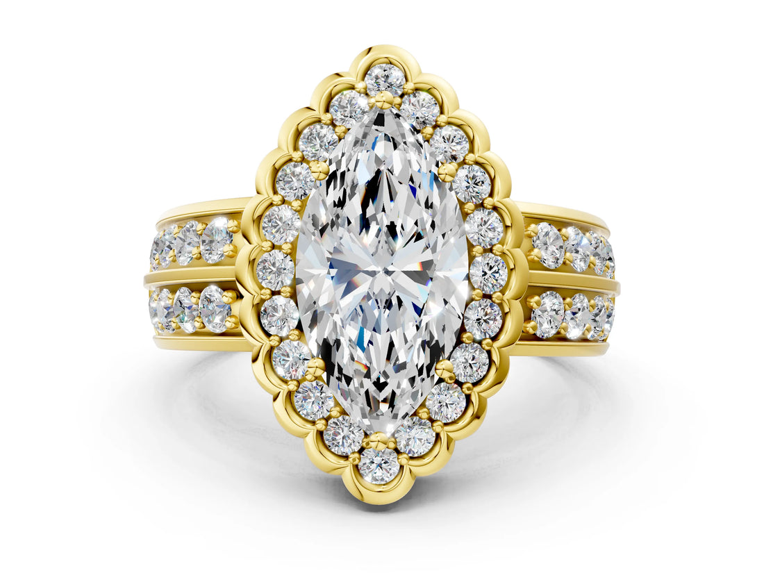 Yellow gold Marquise Cut Halo Diamond Split Shank Ring with Scalloped Prong Setting_3