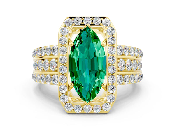 Yellow gold Marquise Cut Halo Emerald Ring with Round  Split Shank and Prong Setting