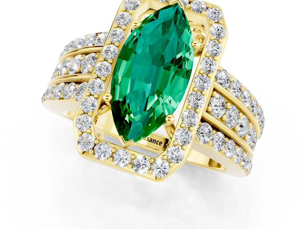Yellow gold Marquise Cut Halo Emerald Ring with Round  Split Shank and Prong Setting