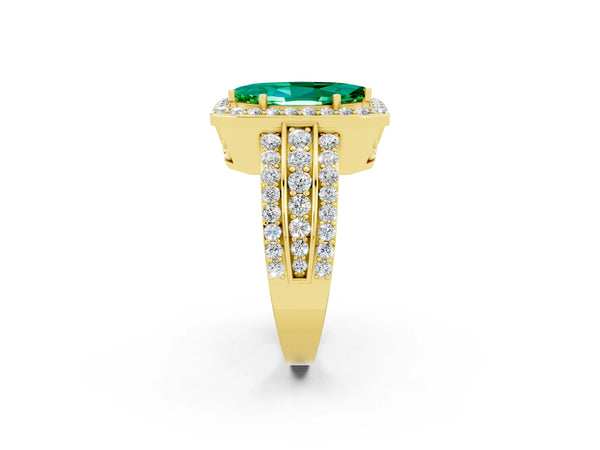 Yellow gold Marquise Cut Halo Emerald Ring with Round  Split Shank and Prong Setting