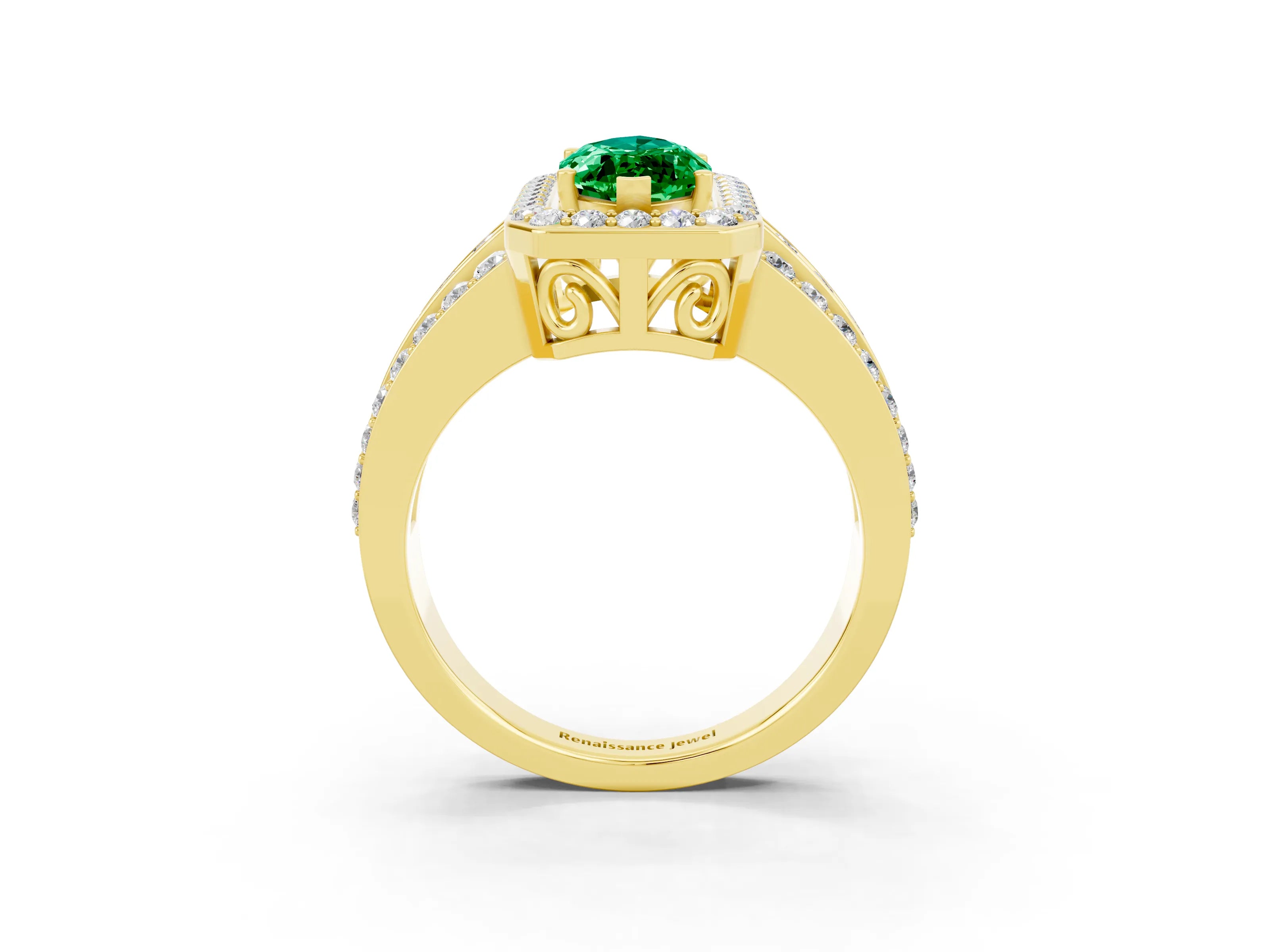Yellow gold Marquise Cut Halo Emerald Ring with Split Shank and Four-Prong Setting_3