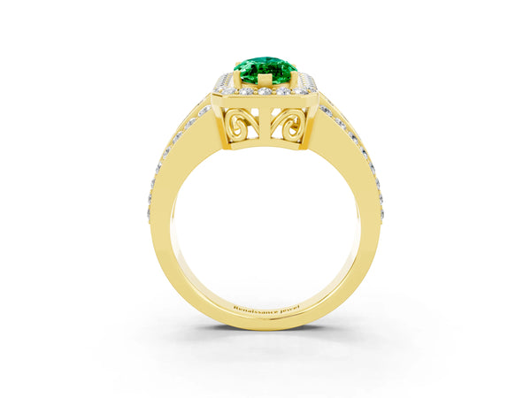 Yellow gold Marquise Cut Halo Emerald Ring with Round  Split Shank and Prong Setting