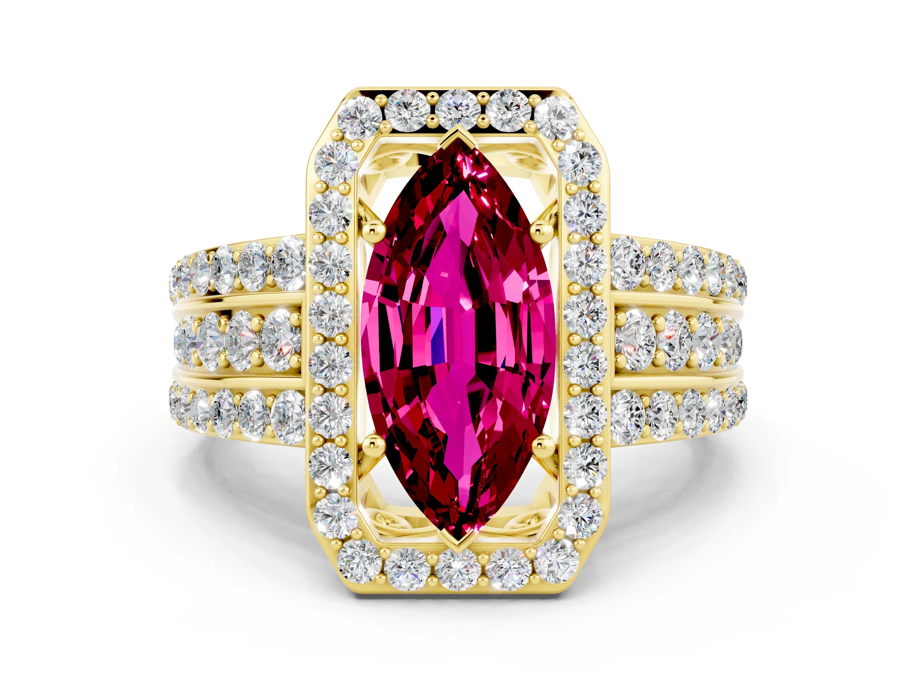 Yellow gold Marquise Cut Halo Garnet Ring with Split Shank and Four-Prong Setting