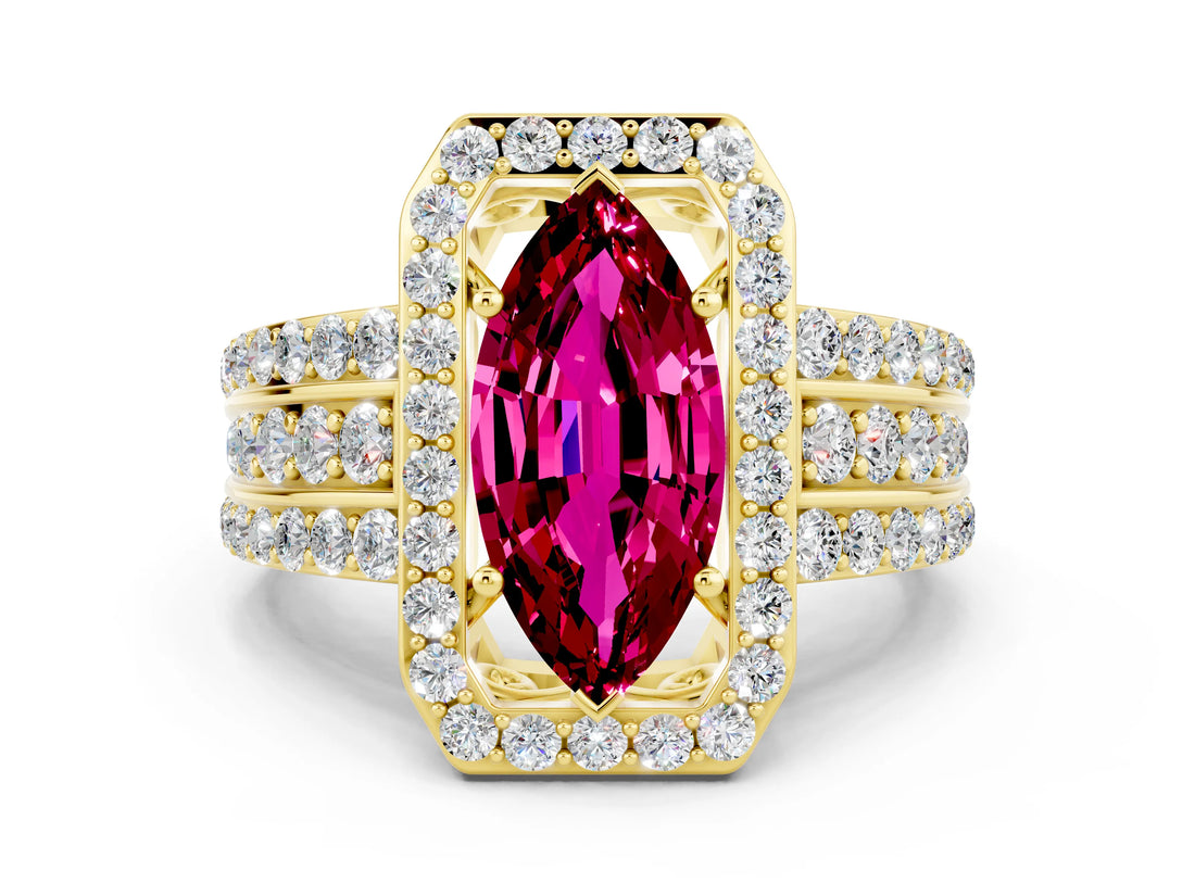 Yellow gold Marquise Cut Halo Garnet Ring with Split Shank and Four-Prong Setting