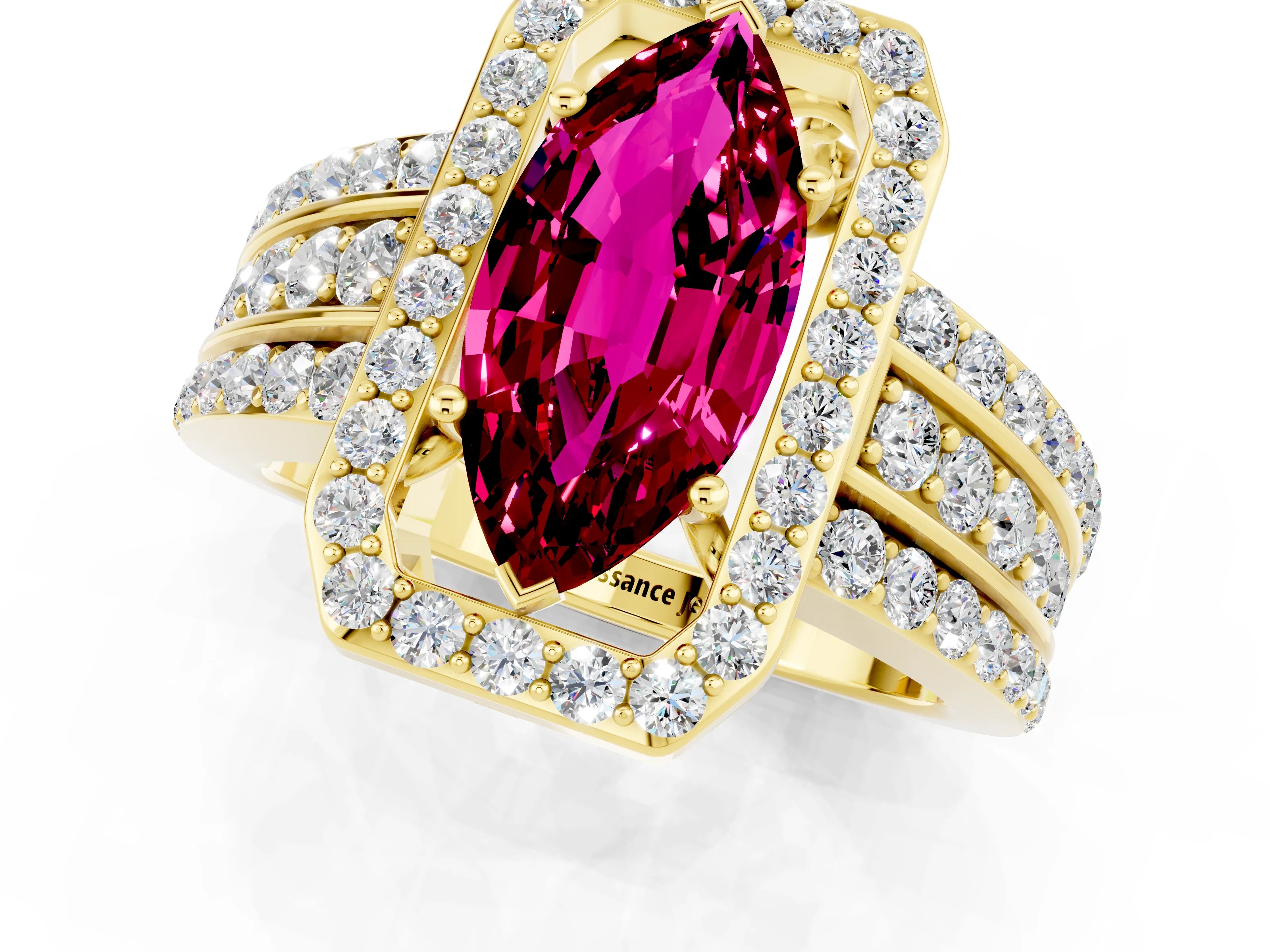 Yellow gold Marquise Cut Halo Garnet Ring with Split Shank and Four-Prong Setting_1