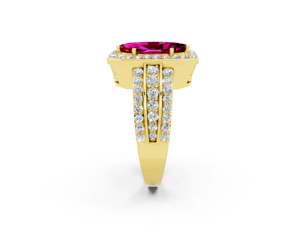 Yellow gold Marquise Cut Halo Garnet Ring with Round  Split Shank and Prong Setting