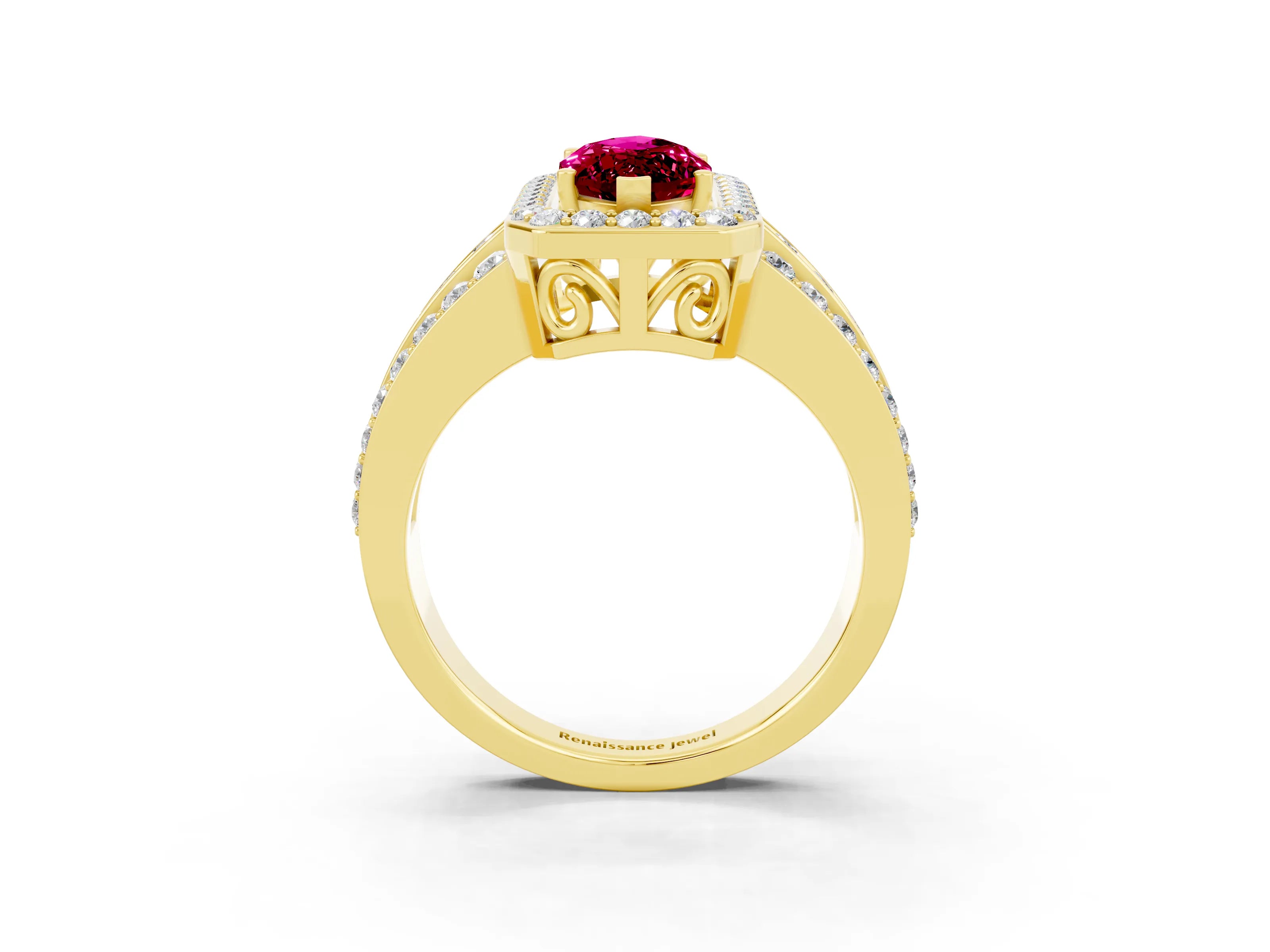 Yellow gold Marquise Cut Halo Garnet Ring with Split Shank and Four-Prong Setting_3