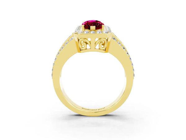 Yellow gold Marquise Cut Halo Garnet Ring with Round  Split Shank and Prong Setting