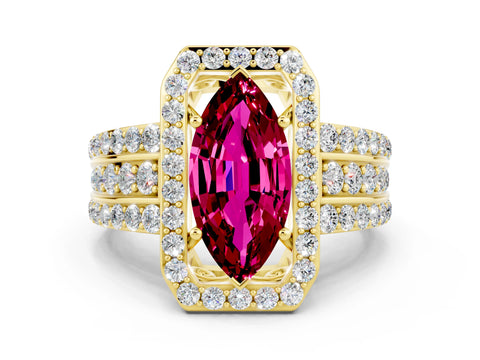 Yellow gold Marquise Cut Halo Garnet Ring with Split Shank and Four-Prong Setting
