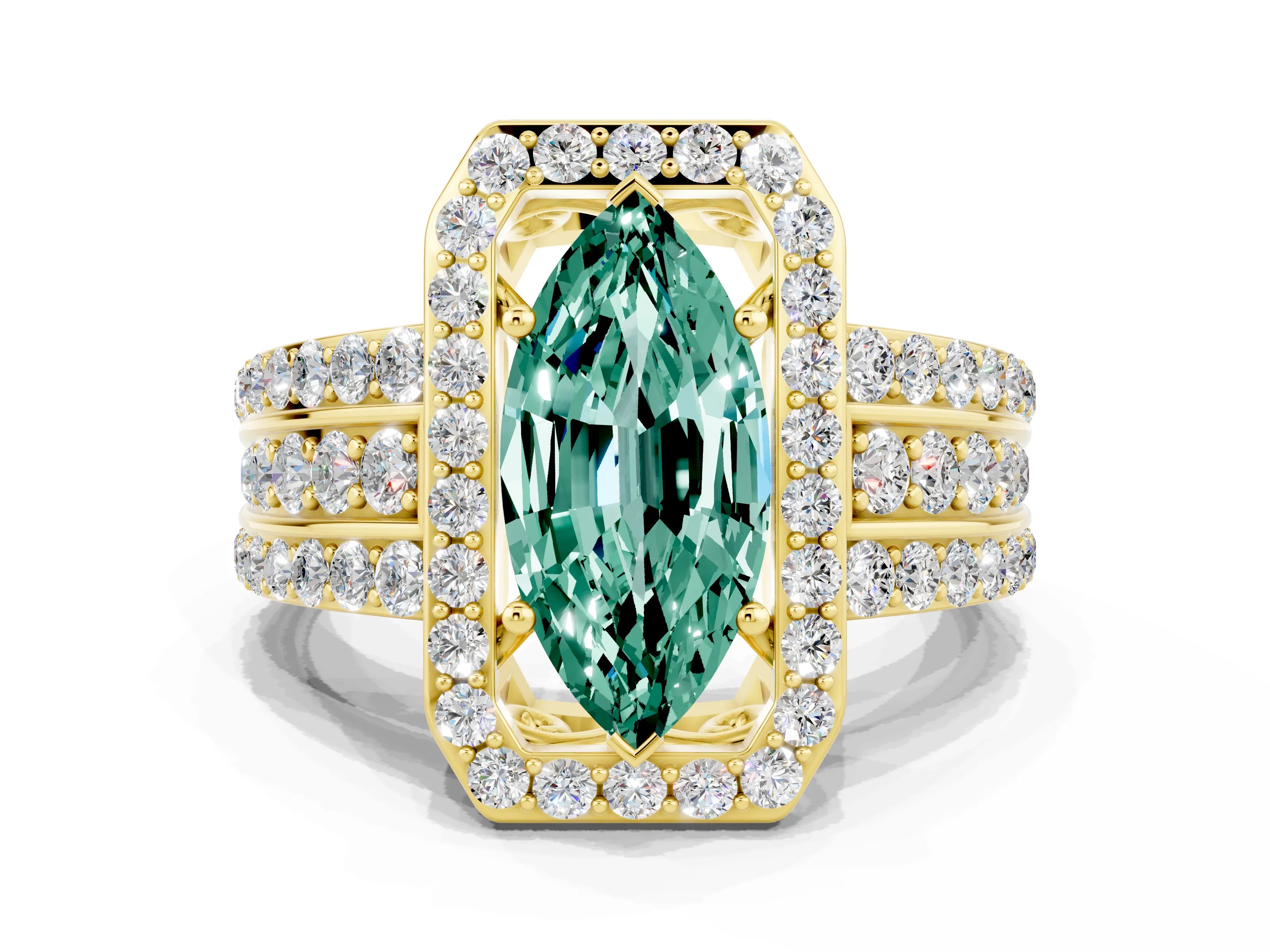 Yellow gold Marquise Cut Halo Green Sapphire Ring with Split Shank and Four-Prong Setting