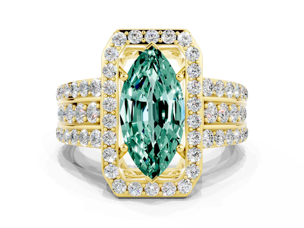 Yellow gold Marquise Cut Halo Green Sapphire Ring with Round  Split Shank and Prong Setting