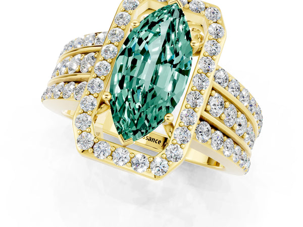 Yellow gold Marquise Cut Halo Green Sapphire Ring with Round  Split Shank and Prong Setting