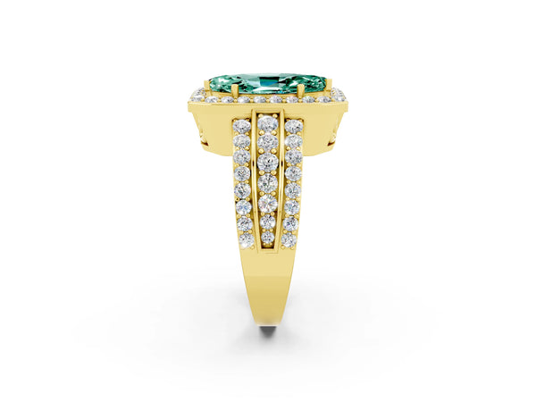 Yellow gold Marquise Cut Halo Green Sapphire Ring with Round  Split Shank and Prong Setting