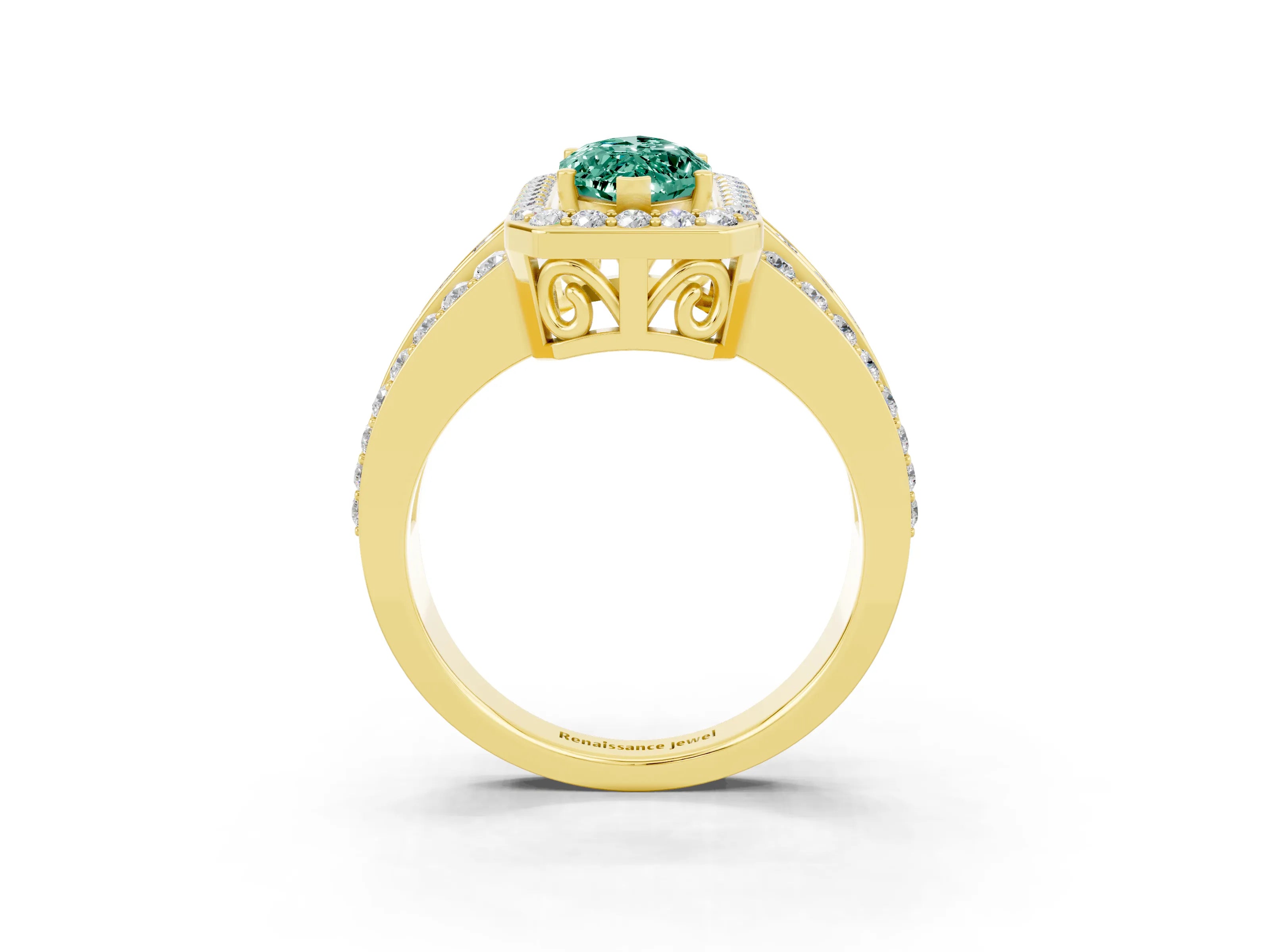 Yellow gold Marquise Cut Halo Green Sapphire Ring with Split Shank and Four-Prong Setting_3
