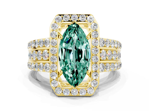 Yellow gold Marquise Cut Halo Green Sapphire Ring with Split Shank and Four-Prong Setting