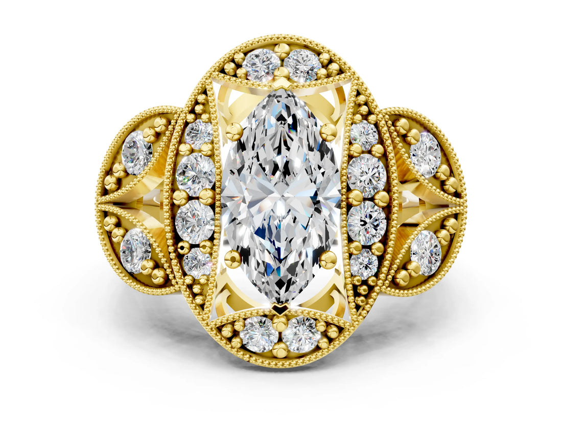 Yellow gold Marquise Cut Halo Milgrain Diamond Engagement Ring with Leaf Band and Four-Prong Setting_3