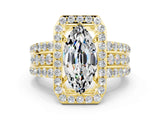 Yellow gold Marquise Cut Halo Moissanite Ring with Split Shank and Four-Prong Setting