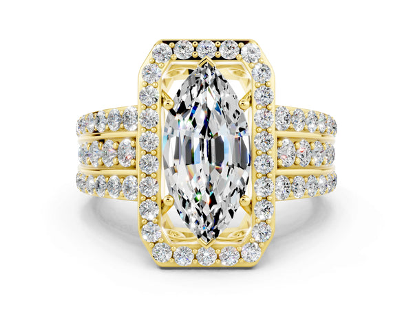 Yellow gold Marquise Cut Halo Moissanite Ring with Round  Split Shank and Prong Setting
