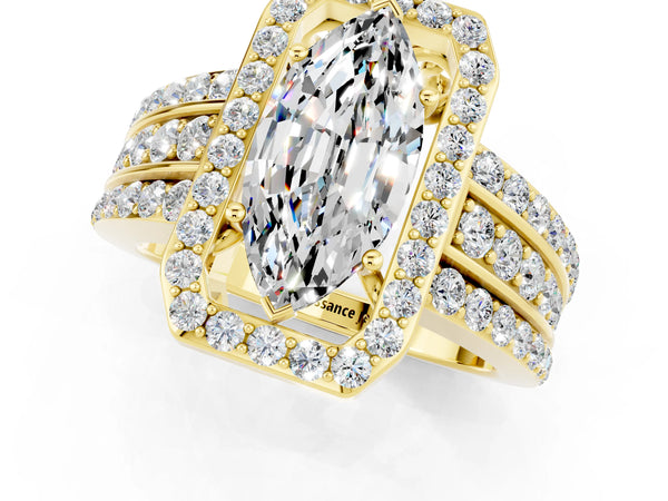 Yellow gold Marquise Cut Halo Moissanite Ring with Round  Split Shank and Prong Setting