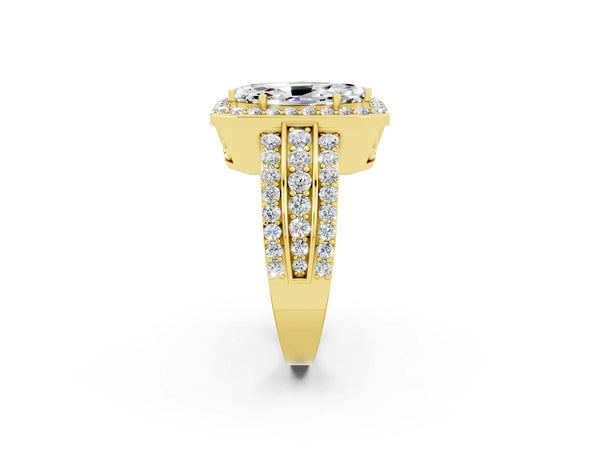 Yellow gold Marquise Cut Halo Moissanite Ring with Round  Split Shank and Prong Setting