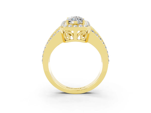 Yellow gold Marquise Cut Halo Moissanite Ring with Round  Split Shank and Prong Setting
