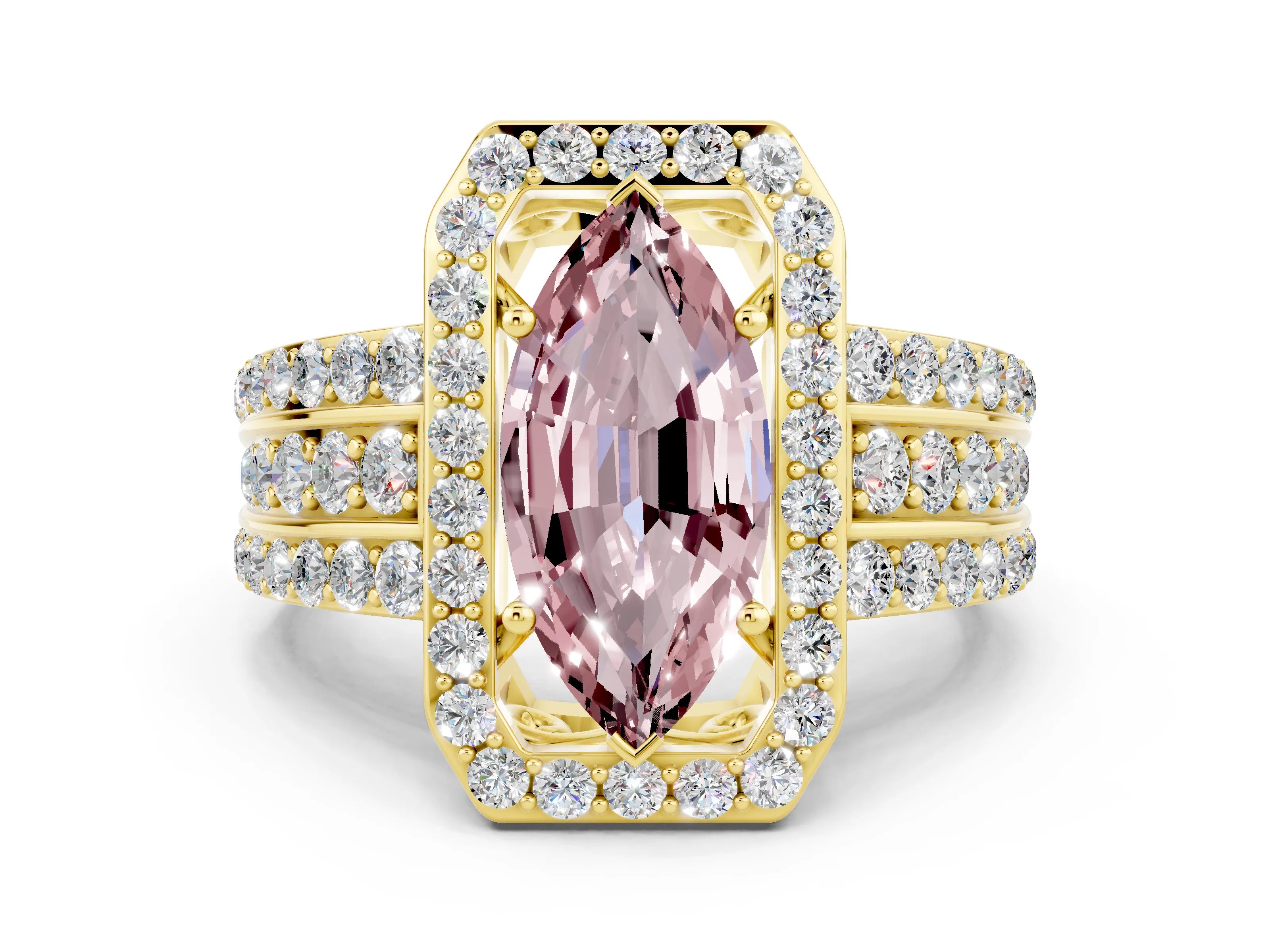 Yellow gold Marquise Cut Halo Morganite Ring with Split Shank and Four-Prong Setting