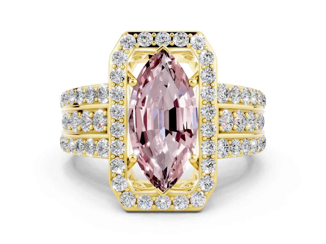 Yellow gold Marquise Cut Halo Morganite Ring with Split Shank and Four-Prong Setting