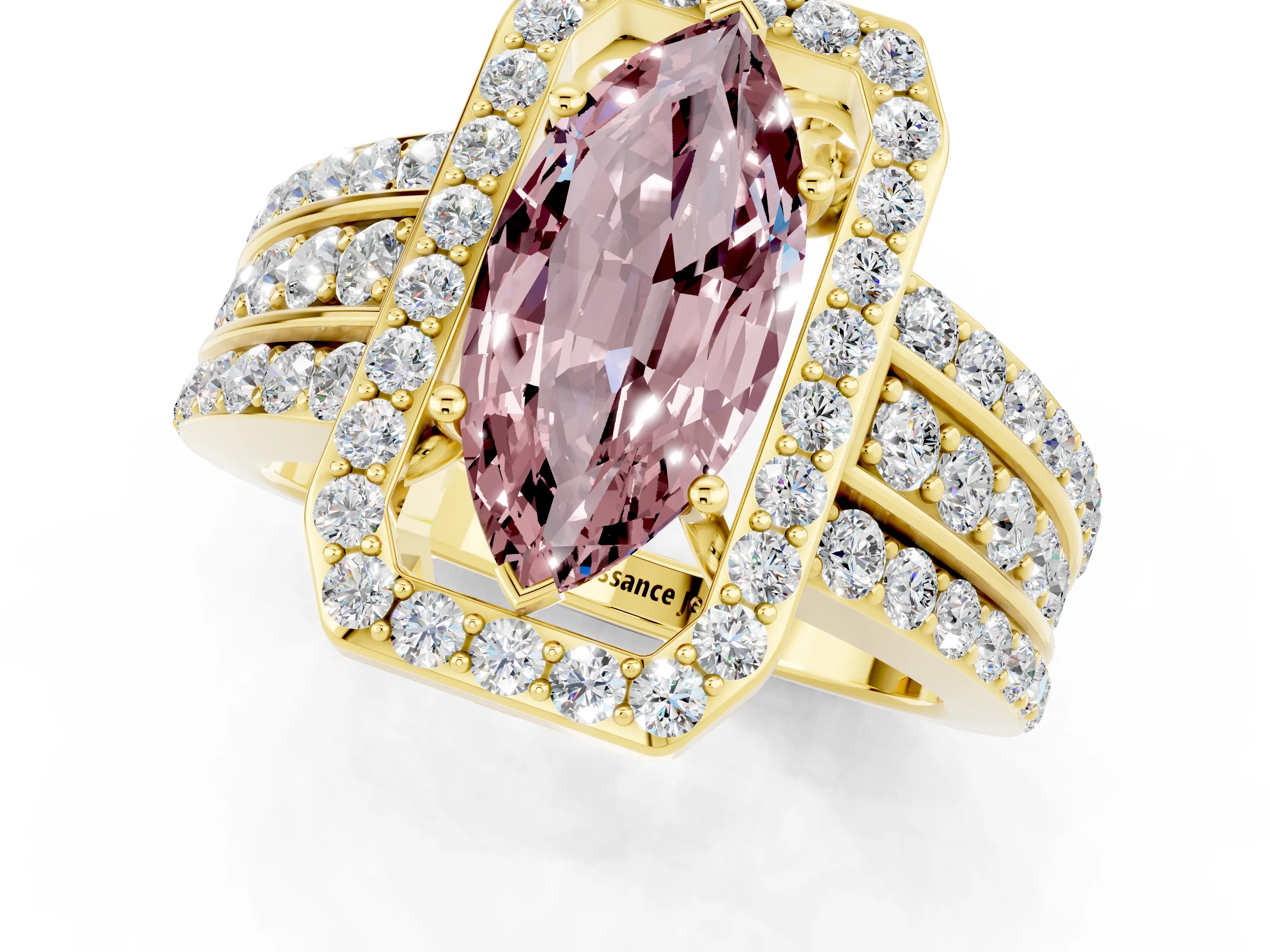 Yellow gold Marquise Cut Halo Morganite Ring with Split Shank and Four-Prong Setting_1
