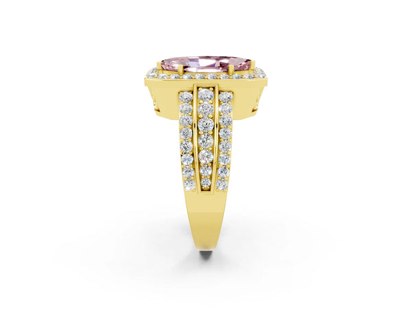 Yellow gold Marquise Cut Halo Morganite Ring with Round  Split Shank and Prong Setting