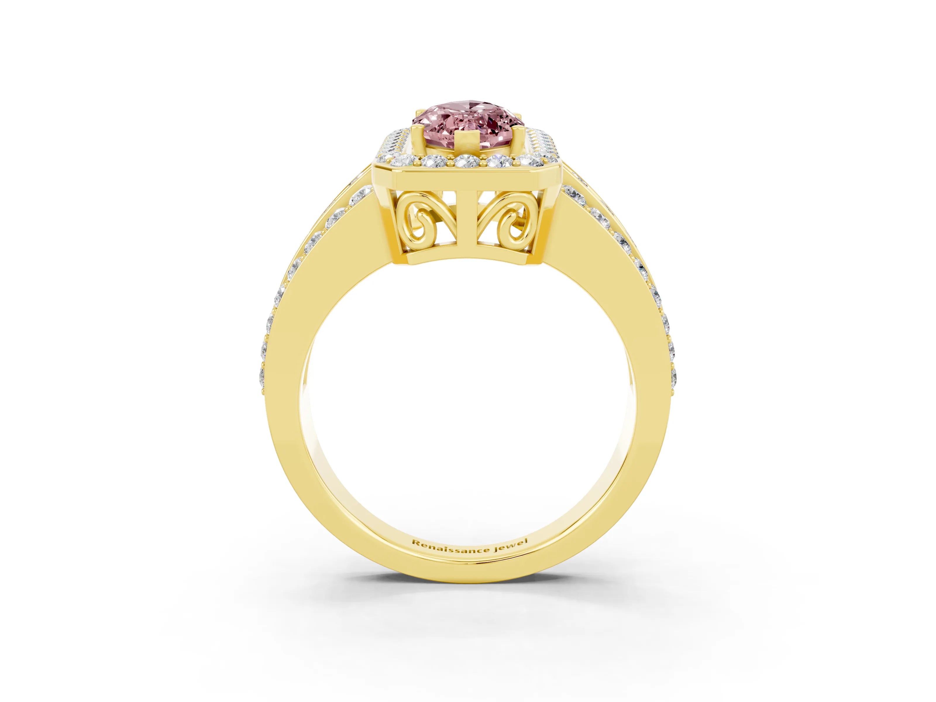 Yellow gold Marquise Cut Halo Morganite Ring with Split Shank and Four-Prong Setting_3
