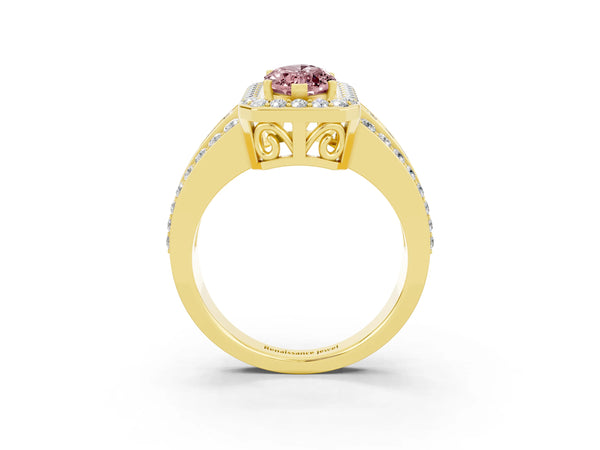 Yellow gold Marquise Cut Halo Morganite Ring with Round  Split Shank and Prong Setting