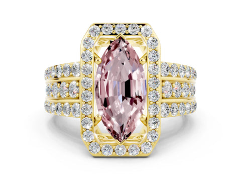 Yellow gold Marquise Cut Halo Morganite Ring with Split Shank and Four-Prong Setting