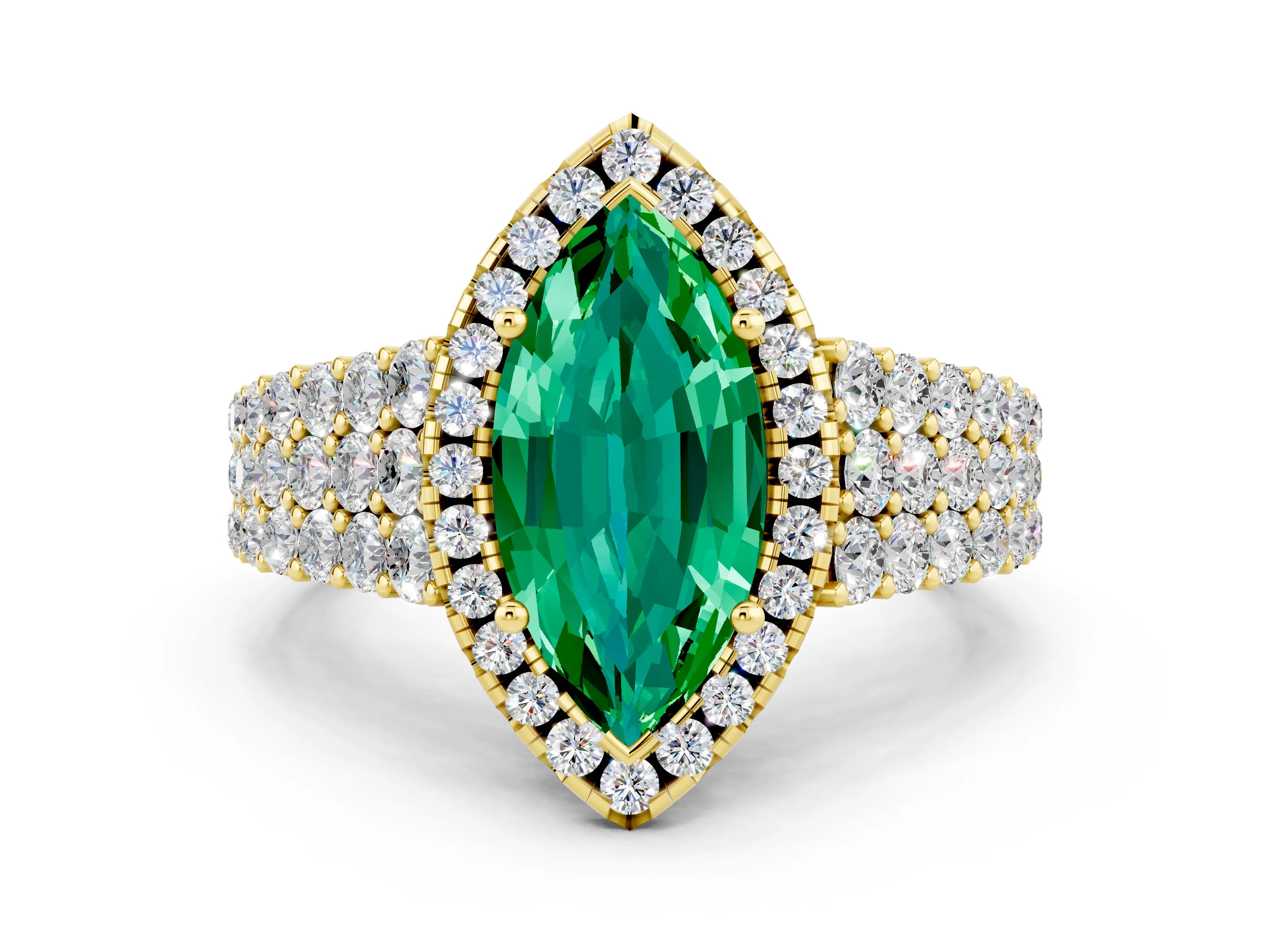 Yellow gold Marquise Cut Halo Pavé Diamond Engagement Ring with Split Shank and Four-Prong Setting