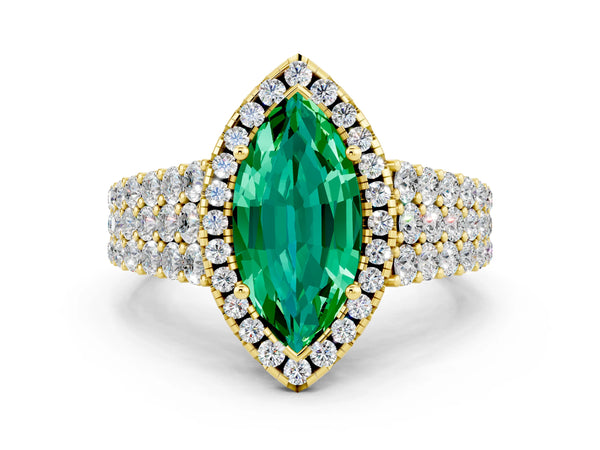 Yellow gold Marquise Cut Emerald Halo Engagement Ring with Triple Row Round Pavé Band and Prong Setting
