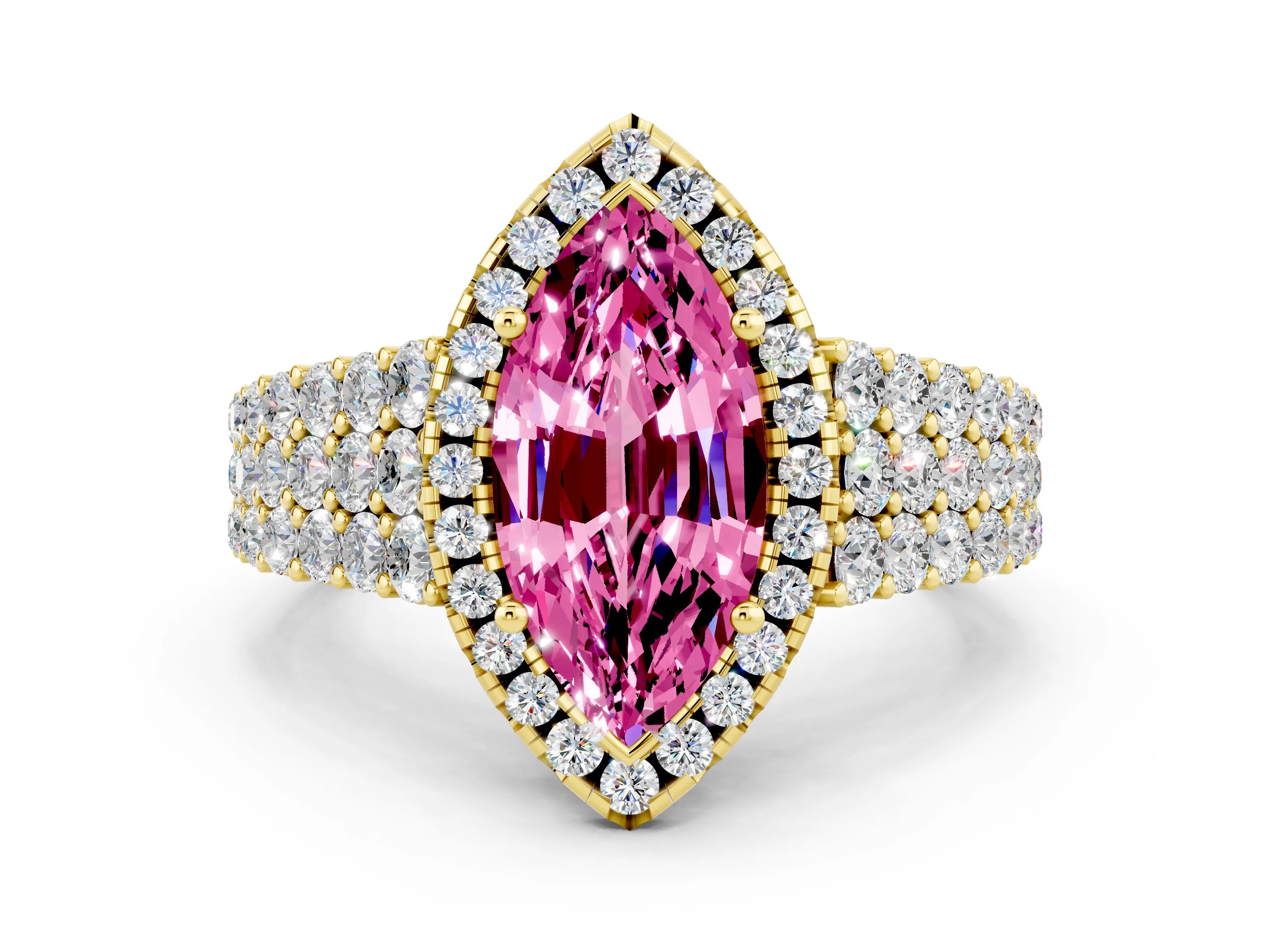 Yellow gold Marquise Cut Halo Pavé Diamond Engagement Ring with Split Shank and Four-Prong Setting