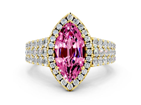 Yellow gold Marquise Cut Halo Pavé Diamond Engagement Ring with Split Shank and Four-Prong Setting