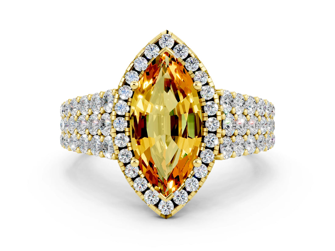 Yellow gold Marquise Cut Halo Pavé Diamond Engagement Ring with Split Shank and Four-Prong Setting