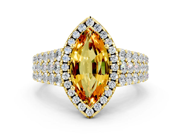 Yellow gold Marquise Cut Citrine Halo Engagement Ring with Triple Row Round Pavé Band and Prong Setting