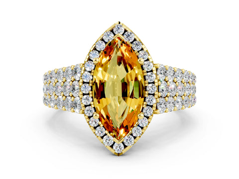 Yellow gold Marquise Cut Halo Pavé Diamond Engagement Ring with Split Shank and Four-Prong Setting